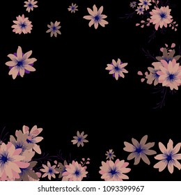Small Wildflowers. Cute Tiny Daisies on Black Background. Vector Texture for Print, Card, Poster. Trendy Natural Ground in Vintage Style.