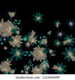 Small Wildflowers. Cute Tiny Daisies on Black Background. Vector Texture for Paper, Cover, Print. Trendy Natural Ground in Vintage Style.