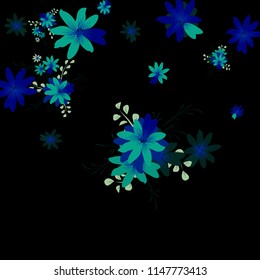 Small Wildflowers. Cute Tiny Daisies on Black Background. Vector Texture for Banner, Cover, Poster. Trendy Natural Ground in Vintage Style.