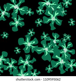 Small Wildflowers. Cute Small Violets on Black Background. Vector Texture for Banner, Card, Poster. Trendy Natural Ground in Vintage Style.