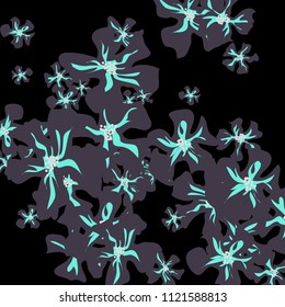 Small Wildflowers. Cute Small Violets on Black Background. Vector Texture for Print, Card, Poster. Trendy Natural Ground in Vintage Style.