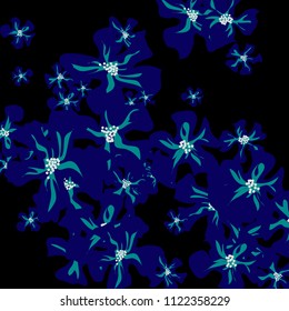 Small Wildflowers. Cute Small Violets on Black Background. Vector Texture for Print, Card, Poster. Trendy Natural Ground in Vintage Style.