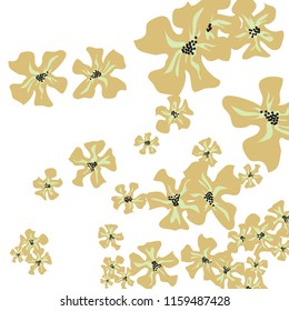 Small Wildflowers. Cute Small Violets on White Background. Vector Texture for Banner, Cover, Poster. Trendy Natural Ground in Vintage Style.