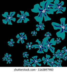 Small Wildflowers. Cute Small Violets on Black Background. Vector Texture for Banner, Card, Poster. Trendy Natural Ground in Vintage Style.