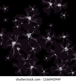 Small Wildflowers. Cute Small Violets on Black Background. Vector Texture for Banner, Cover, Poster. Trendy Natural Ground in Vintage Style.