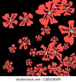 Small Wildflowers. Cute Small Violets on Black Background. Vector Texture for Print, Card, Poster. Trendy Natural Ground in Vintage Style.