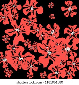 Small Wildflowers. Cute Small Violets on Black Background. Vector Texture for Banner, Card, Poster. Trendy Natural Ground in Vintage Style.