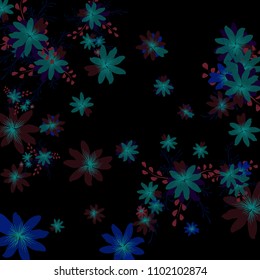 Small Wildflowers. Delicate Small Daisies on Black Background. Vector Texture for Banner, Cover, Poster. Trendy Natural Ground in Vintage Style.