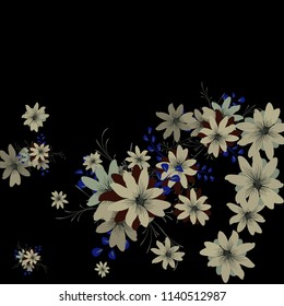 Small Wildflowers. Delicate Small Daisies on Black Background. Vector Texture for Banner, Cover, Poster. Trendy Natural Ground in Vintage Style.