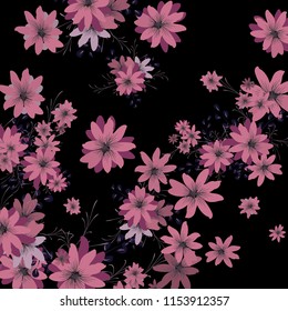 Small Wildflowers. Delicate Small Daisies on Black Background. Vector Texture for Paper, Cover, Print. Trendy Natural Ground in Vintage Style.