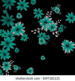 Small Wildflowers. Delicate Little Daisies on Black Background. Vector Texture for Paper, Cover, Print. Trendy Natural Ground in Vintage Style.