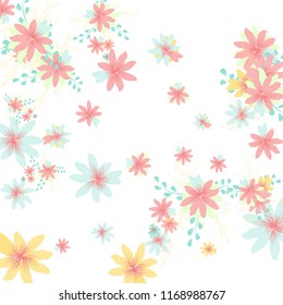 Small Wildflowers. Delicate Little Daisies on White Background. Vector Texture for Banner, Card, Poster. Trendy Natural Ground in Vintage Style.