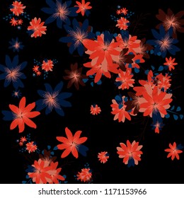 Small Wildflowers. Delicate Little Daisies on Black Background. Vector Texture for Banner, Cover, Poster. Trendy Natural Ground in Vintage Style.