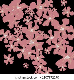 Small Wildflowers. Delicate Little Violets on Black Background. Vector Texture for Paper, Cover, Print. Trendy Natural Ground in Vintage Style.