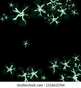 Small Wildflowers. Delicate Little Violets on Black Background. Vector Texture for Banner, Cover, Print. Trendy Natural Ground in Vintage Style.