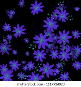 Small Wildflowers. Delicate Tiny Daisies on Black Background. Vector Texture for Paper, Cover, Print. Trendy Natural Ground in Vintage Style.
