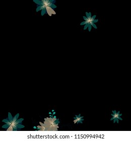 Small Wildflowers. Delicate Tiny Daisies on Black Background. Vector Texture for Banner, Card, Poster. Trendy Natural Ground in Vintage Style.