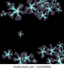 Small Wildflowers. Delicate Tiny Violets on Black Background. Vector Texture for Banner, Cover, Print. Trendy Natural Ground in Vintage Style.