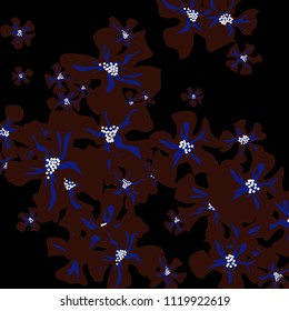 Small Wildflowers. Delicate Small Violets on Black Background. Vector Texture for Banner, Cover, Print. Trendy Natural Ground in Vintage Style.