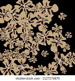 Small Wildflowers. Delicate Small Violets on Black Background. Vector Texture for Banner, Card, Poster. Trendy Natural Ground in Vintage Style.