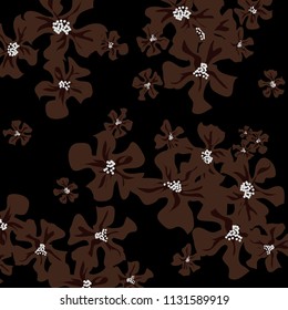 Small Wildflowers. Delicate Small Violets on Black Background. Vector Texture for Banner, Cover, Poster. Trendy Natural Ground in Vintage Style.