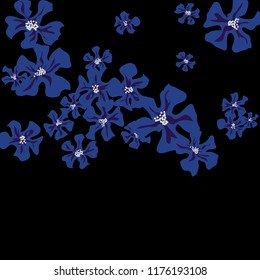 Small Wildflowers. Delicate Small Violets on Black Background. Vector Texture for Print, Card, Poster. Trendy Natural Ground in Vintage Style.