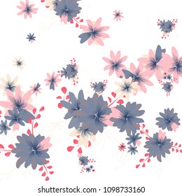 Small Wildflowers. Gentle Small Daisies on White Background. Vector Texture for Paper, Cover, Print. Trendy Natural Ground in Vintage Style.