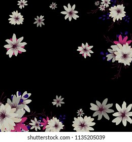 Small Wildflowers. Gentle Small Daisies on Black Background. Vector Texture for Banner, Card, Poster. Trendy Natural Ground in Vintage Style.