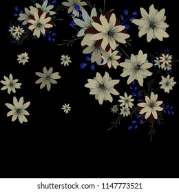 Small Wildflowers. Gentle Small Daisies on Black Background. Vector Texture for Print, Card, Poster. Trendy Natural Ground in Vintage Style.