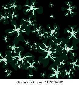 Small Wildflowers. Gentle Little Violets on Black Background. Vector Texture for Banner, Card, Poster. Trendy Natural Ground in Vintage Style.