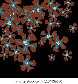 Small Wildflowers. Gentle Little Violets on Black Background. Vector Texture for Banner, Cover, Poster. Trendy Natural Ground in Vintage Style.
