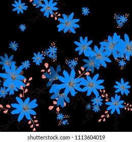 Small Wildflowers. Gentle Tiny Daisies on Black Background. Vector Texture for Banner, Cover, Print. Trendy Natural Ground in Vintage Style.