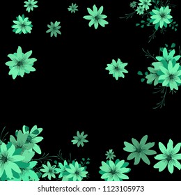Small Wildflowers. Gentle Tiny Daisies on Black Background. Vector Texture for Paper, Cover, Print. Trendy Natural Ground in Vintage Style.