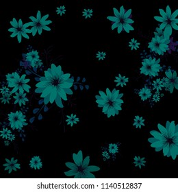Small Wildflowers. Gentle Tiny Daisies on Black Background. Vector Texture for Banner, Cover, Poster. Trendy Natural Ground in Vintage Style.