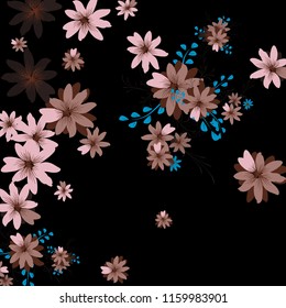 Small Wildflowers. Gentle Tiny Daisies on Black Background. Vector Texture for Banner, Cover, Poster. Trendy Natural Ground in Vintage Style.