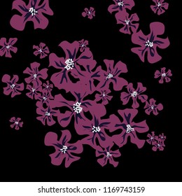 Small Wildflowers. Gentle Tiny Violets on Black Background. Vector Texture for Banner, Cover, Poster. Trendy Natural Ground in Vintage Style.