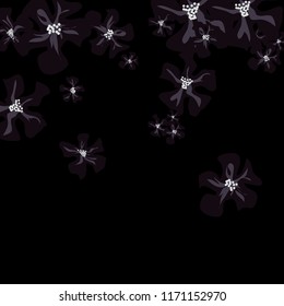 Small Wildflowers. Gentle Tiny Violets on Black Background. Vector Texture for Paper, Cover, Print. Trendy Natural Ground in Vintage Style.