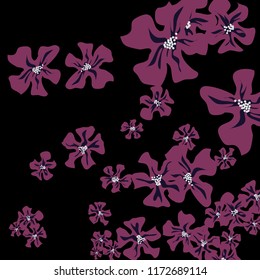 Small Wildflowers. Gentle Tiny Violets on Black Background. Vector Texture for Paper, Cover, Print. Trendy Natural Ground in Vintage Style.