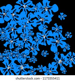 Small Wildflowers. Gentle Tiny Violets on Black Background. Vector Texture for Banner, Cover, Print. Trendy Natural Ground in Vintage Style.