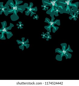 Small Wildflowers. Gentle Tiny Violets on Black Background. Vector Texture for Banner, Cover, Poster. Trendy Natural Ground in Vintage Style.