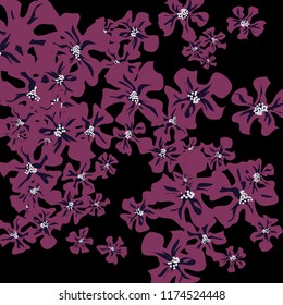 Small Wildflowers. Gentle Tiny Violets on Black Background. Vector Texture for Print, Card, Poster. Trendy Natural Ground in Vintage Style.