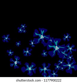 Small Wildflowers. Gentle Tiny Violets on Black Background. Vector Texture for Banner, Cover, Print. Trendy Natural Ground in Vintage Style.