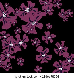 Small Wildflowers. Gentle Tiny Violets on Black Background. Vector Texture for Paper, Cover, Print. Trendy Natural Ground in Vintage Style.