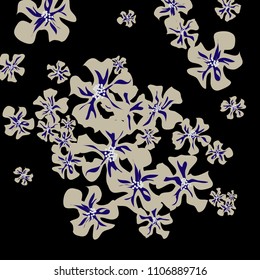 Small Wildflowers. Gentle Small Violets on Black Background. Vector Texture for Print, Card, Poster. Trendy Natural Ground in Vintage Style.