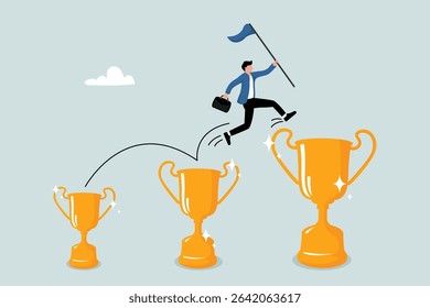 Small win or achievement to motivate to achieve bigger goal, strategy or inspiration to success, victory or win award concept, confident businessman jumping from small win trophy to get bigger one.