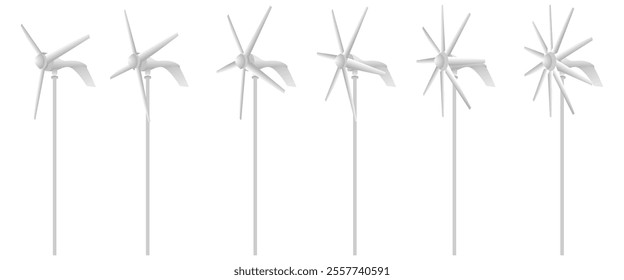 small wind turbine generator for house, wind turbine generator from 3 blades to 10 blades. vector illustration isolated on white background.