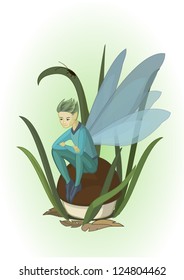 Small winged elf sitting on a mushroom