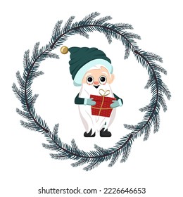 Small winter gnome with long white beard, happy face and gift in fir tree frame. Character for New Year, Christmas and winter design. Vector flat illustration