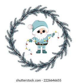 Small winter gnome with long white beard, happy face and gift in fir tree frame. Character for New Year, Christmas and winter design. Vector flat illustration