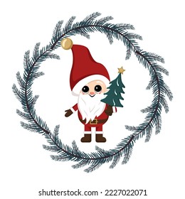 Small winter gnome with long white beard, happy face and gift in fir tree frame. Character for New Year, Christmas and winter design. Vector flat illustration